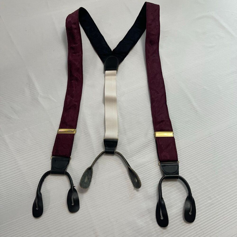 Vintage Maroon Paisley Suspenders Black Leather Braces Unbranded